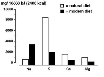 그림 1. 가공하지 않은 식이 (unprocessed diet, natural diet))와 현대 식이 (modern diet)에 있어 나트륨, 칼륨, 칼슘, 마그네슘 차이