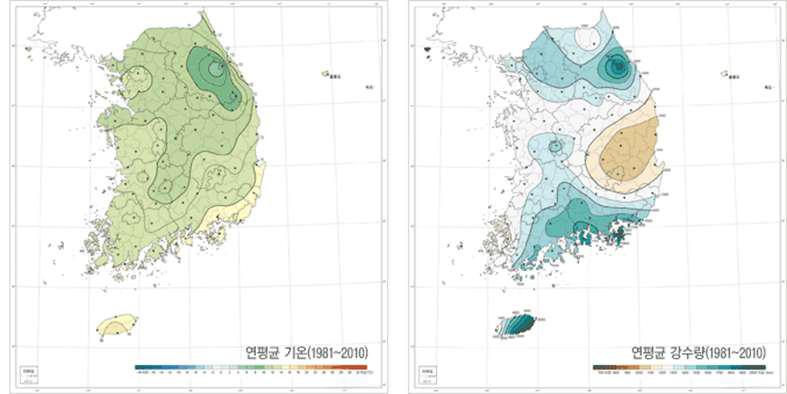 지역별 평균 기온 및 강수량 변이