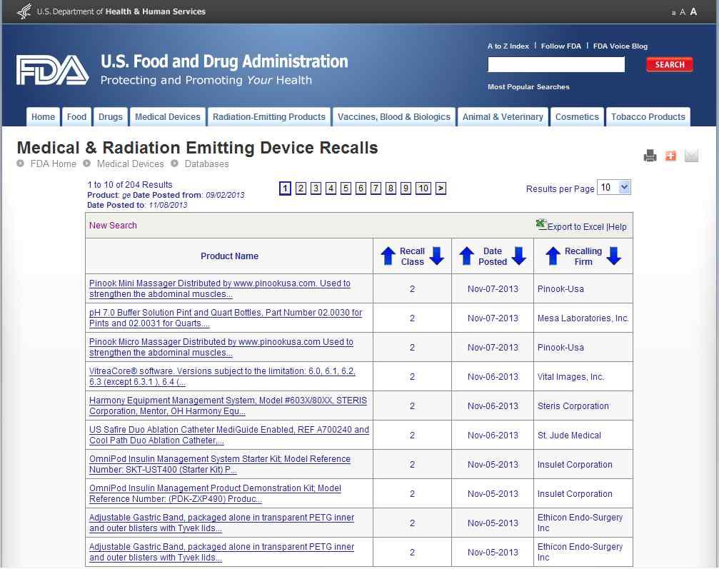 FDA 홈페이지내 방사선장치 시정조치 목록(예)