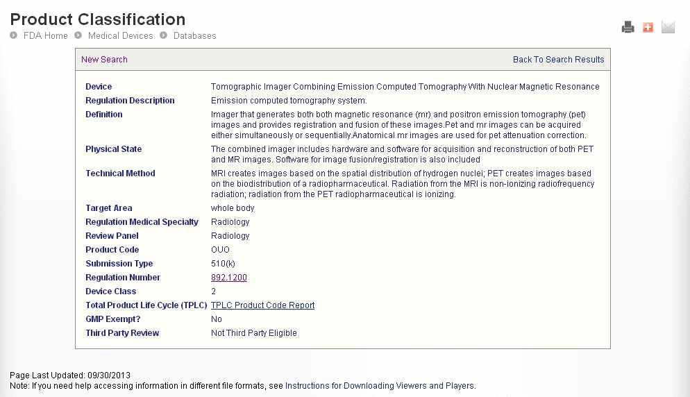 FDA product classification – PET/MRI