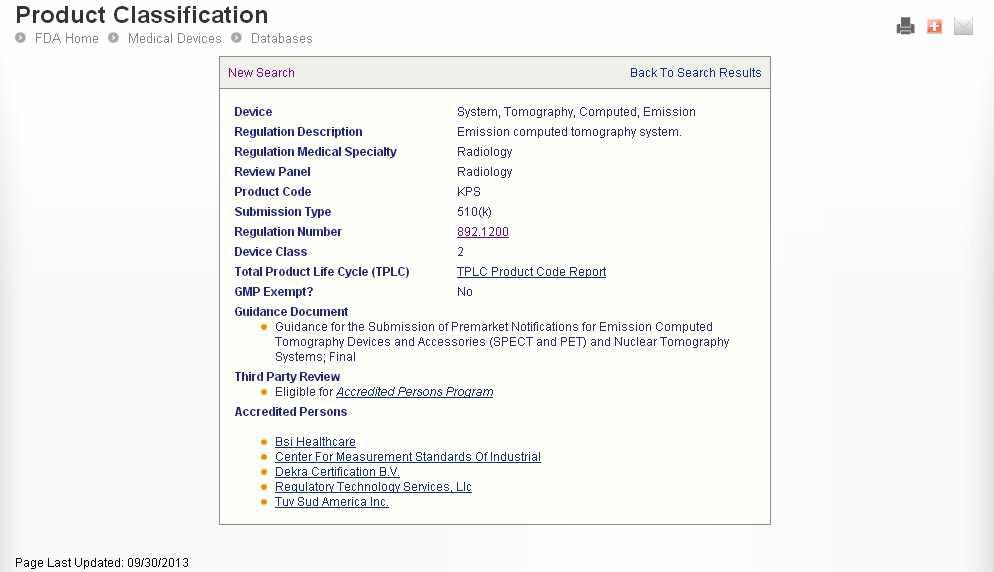 FDA product classification – PET/CT