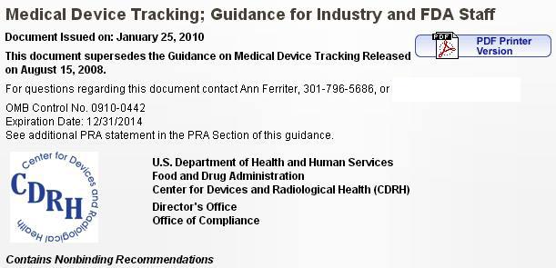 FDA 웹사이트 Medical Device Tracking; Guidance for Industry and FDA Staff,