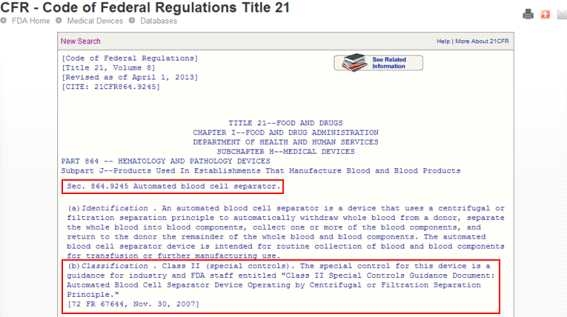 FDA 혈액 처리용 기구 CFR