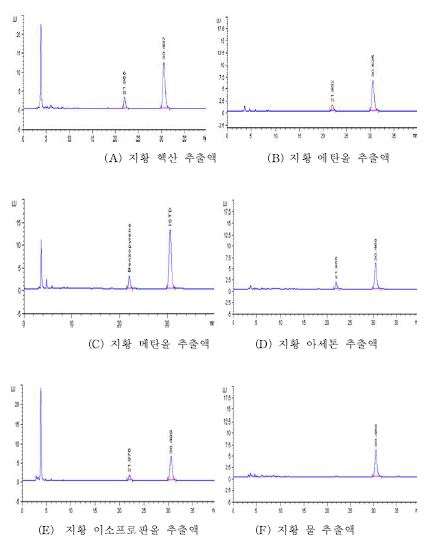 지황의 추출용매별 크로마토그램