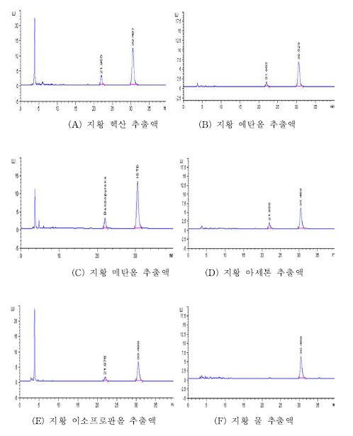 지황의 추출용매별 크로마토그램