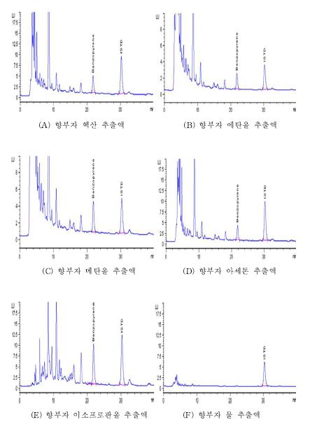 향부자의 추출용매별 크로마토그램