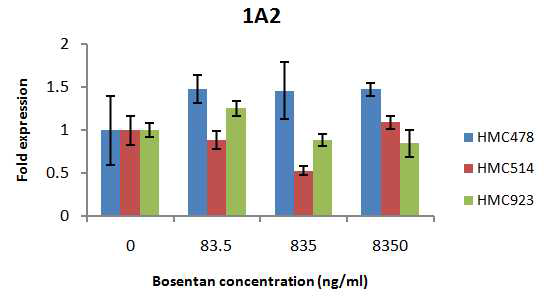 사람일차배양간세포의 Bosentan 농도에 따른 CYP1A2 isozyme mRNA 발현
