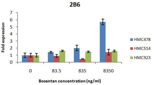 사람일차배양간세포의 Bosentan 농도에 따른 CYP2B6 isozyme mRNA 발현