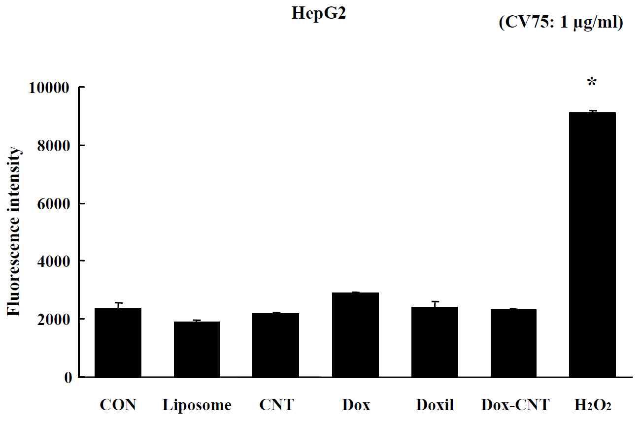 Effects of nano-anticancer drugs in the mitochondrial potential of HepG2 cells exposed to 1 μg/ml and analyzed by JC-1 staining. Data are shown as means ± SE (n = 5). * p<0.05, significantly different from the control