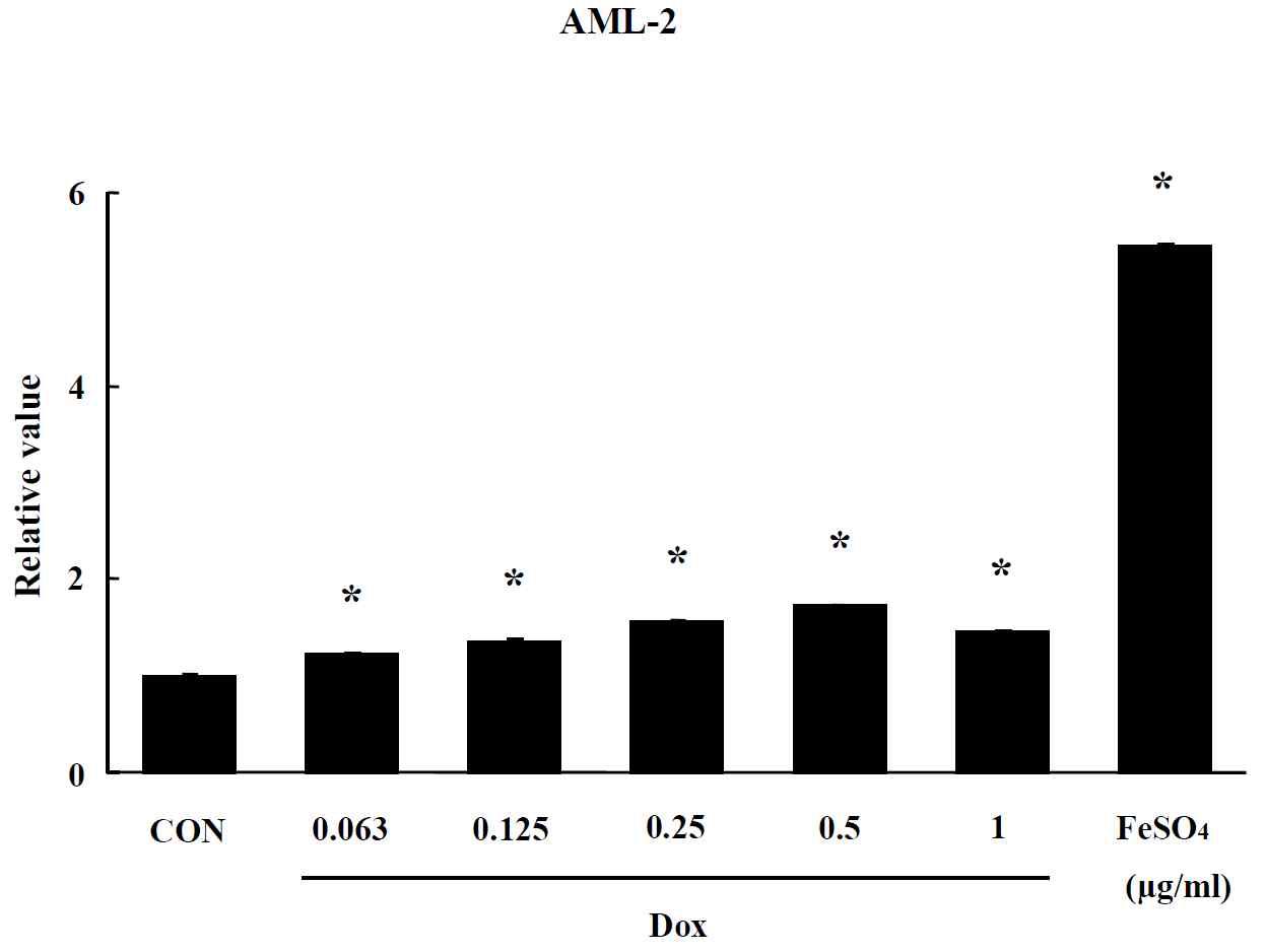Effect of CNT on oxidative stress in AML-2 cells. The level of ROS production was expressed as the relative value of the untreated control group after 24 hr exposure to CNT. Data are shown as means ± SE (n = 5). * p<0.05, significantly different from the control