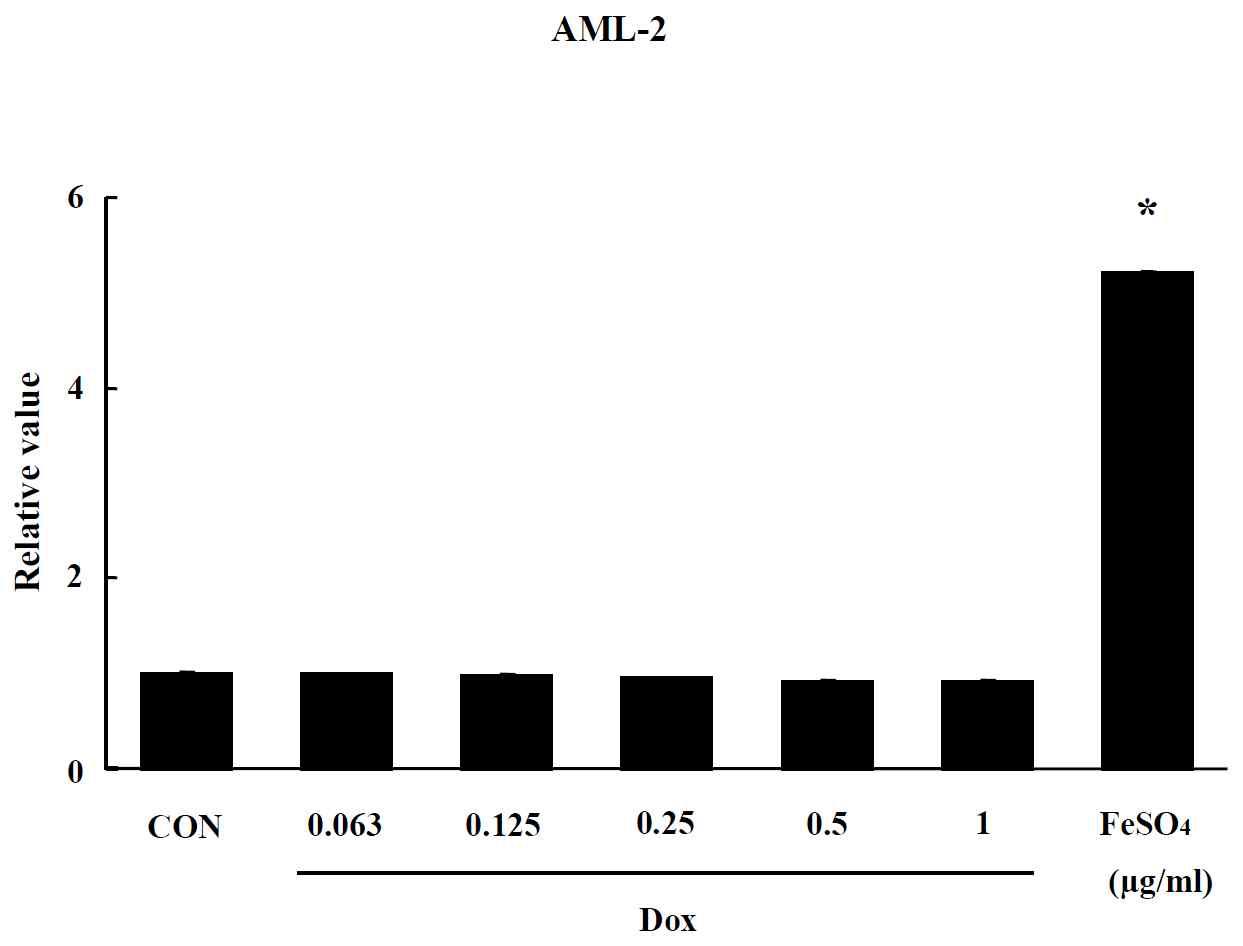 Effect of Dox on oxidative stress in AML-2 cells. The level of ROS production was expressed as the relative value of the untreated control group after 24 hr exposure to Dox. Data are shown as means ± SE (n = 5). * p<0.05, significantly different from the control.