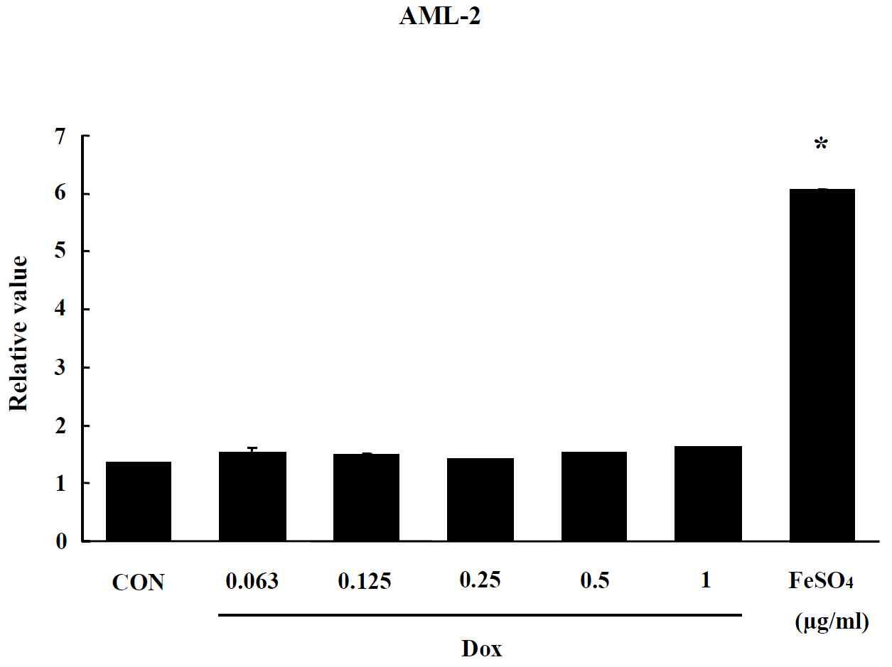 Effect of Doxil on oxidative stress in AML-2 cells. The level of ROS production was expressed as the relative value of the untreated control group after 24 hr exposure to Doxil. Data are shown as means ± SE (n = 5). * p<0.05, significantly different from the control