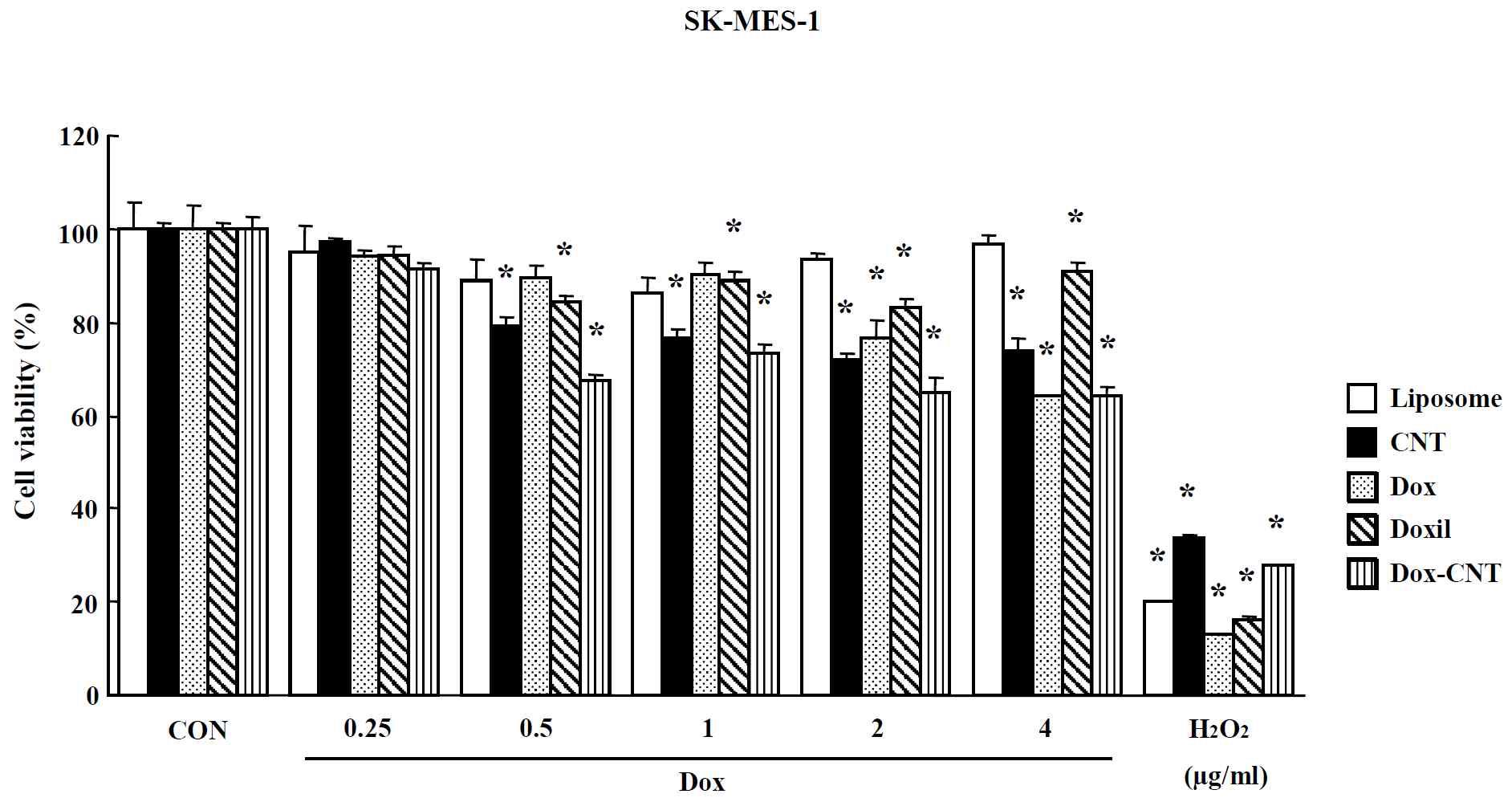 Effects of nano-anticancer drugs on MTT assay in SK-MES-1 cells. Cells were treated with drugs for 24 hr. Data are shown as means ± SE (n = 5). * p<0.05, significantly different from the control.