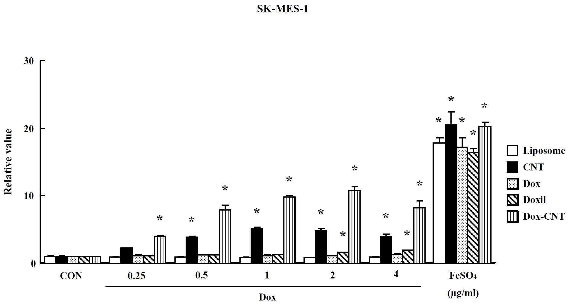 Effect of nano-anticancer drugs on oxidative stress in SK-MES-1 cells. The level of ROS production was expressed as the relative value of the untreated control group after 24 hr exposure to nano-anticancer drugs. Data are shown as means ± SE (n = 5). * p<0.05, significantly different from the control.