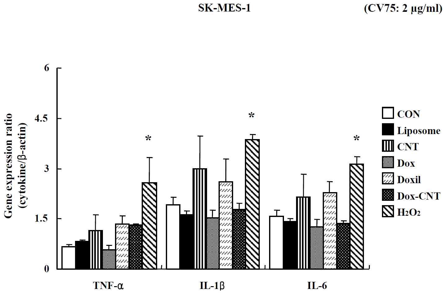 Effects of nano-anticancer drugs on TNF-α, IL-1β, IL-6 gene expression in SK-MES-1 cells. Cells were treated with drugs for 24 hr. Real-time PCR amplification of the housekeeping gene, β-actin, was performed for each sample. Data are shown as means ± SE (n = 3). * p<0.05, significantly different from the control.