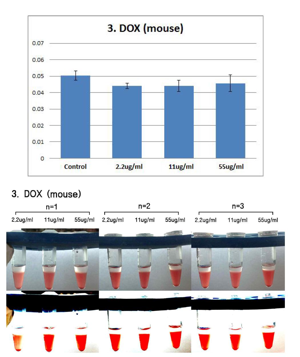 Effects of DOX on mouse erythrocyte. Erythrocyte were treated with DOX (55 ug/ml, 11 ug/ml, 2.2 ug/ml) for 2hrs. The results are presented as mean ± SE