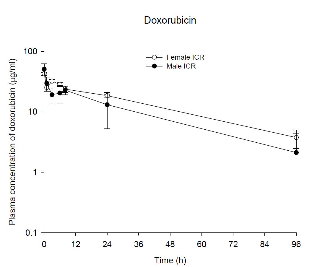 Time courses of plasma doxorubicin concentrations following an intravenous injection of Doxil® 1 mg/kg in male and female ICR mice