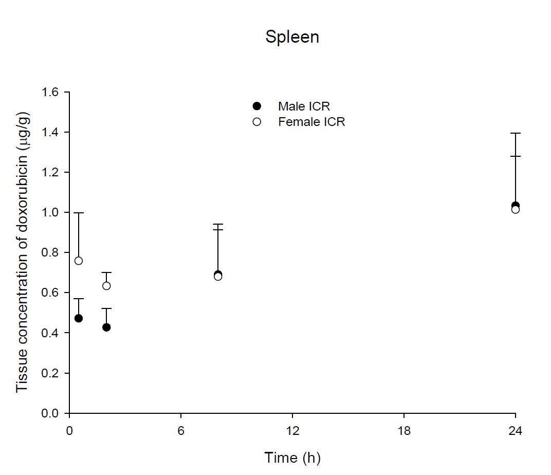 Time courses of doxorubicin amount in the spleen after an intravenous injection of DOX 5 mg/kg in male and female ICR mice