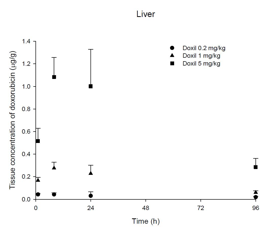 Time courses of doxorubicin amount in the liver after an intravenous injection of Doxil® 0.2, 1 and 5 mg/kg in female ICR mice