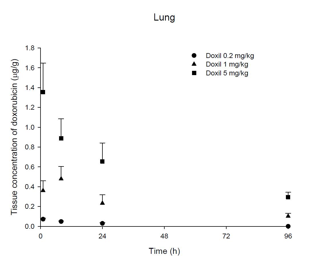 Time courses of doxorubicin amount in the lung after an intravenous injection of Doxil® 0.2, 1 and 5 mg/kg in male ICR mice