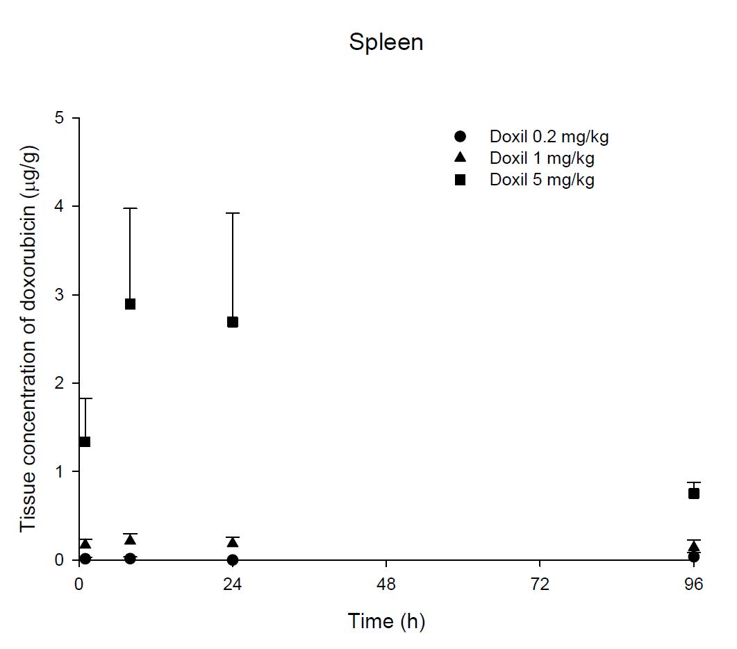 Time courses of doxorubicin amount in the spleen after an intravenous injection of Doxil® 0.2, 1 and 5 mg/kg in male ICR mice