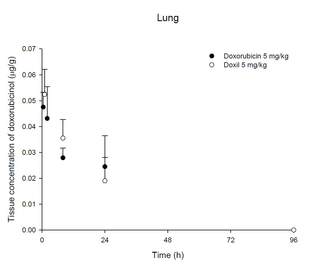 Time courses of doxorubicin amount in the lung after an intravenous injection of DOX or Doxil® 5 mg/kg in male ICR mice