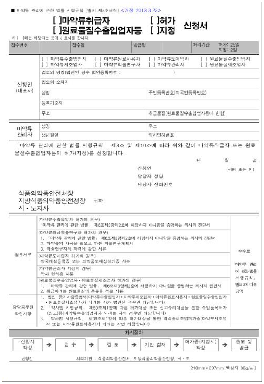 마약류취급학술자 허가신청서 서식