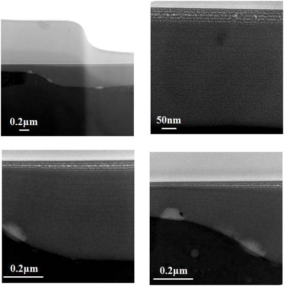 FIB-TEM of 45 degree tilted cross sections of 30-cycle Y2O3 films using 0.4 M and 0.1 M solution