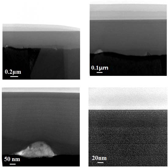 FIB-TEM of 45 degree tilted cross sections of 30-cycle Y2O3 films using 0.6 M and 0.1 M solution