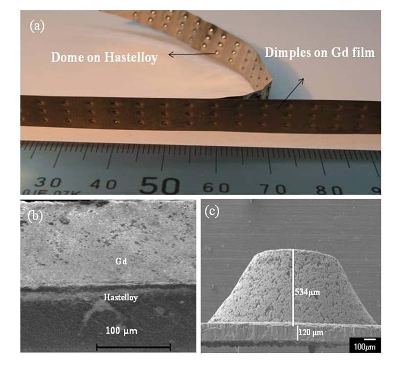 dimple이 형성된 Hastelloy Gd 물질을 증착한 후 박리시킨 사진(a), 단면사진(b), Gd 필름 두께 측정사진