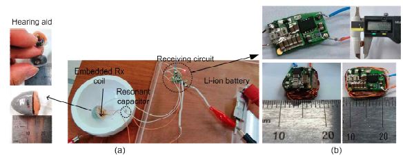 (a) 제작한 소형 보청기 무선충전 시스템, (b) 제작한 수신부