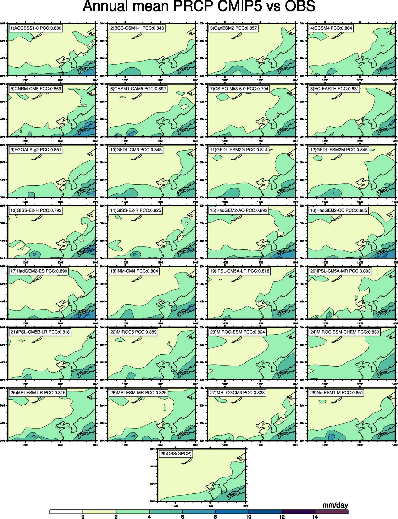 Figure 2 Annual mean precipitation for (1)-(28) each CMIP5 model and (29) OBS over the East Asian monsoon region from 1979 to 2005 (27 years). The PCC between each model and OBS is shown in each panel.