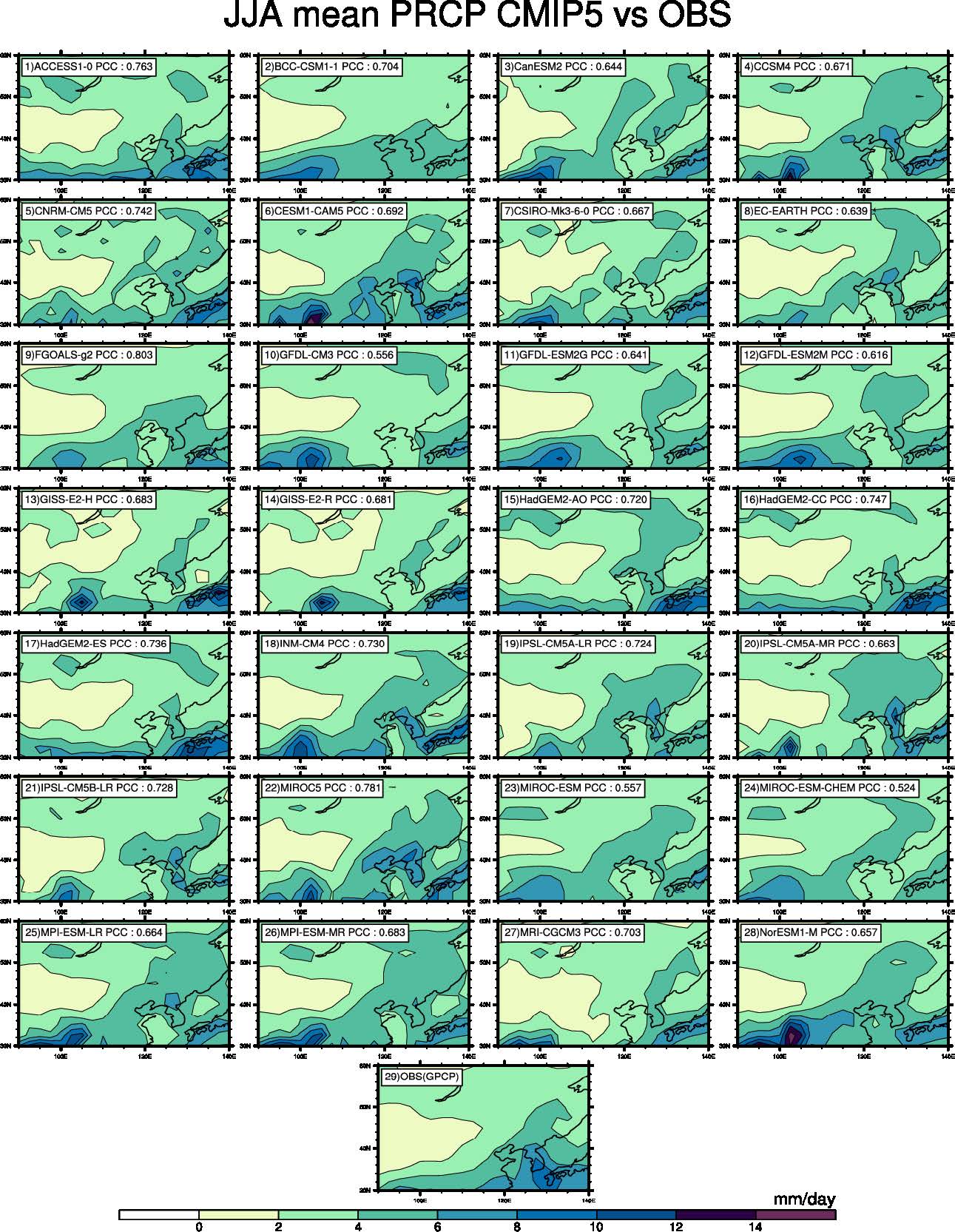 Figure 4 Summer mean precipitation for (1)-(28) each CMIP5 model and (29) OBS over the East Asian monsoon region from 1979 to 2005 (27 years). The PCC between each model and OBS is shown in each panel