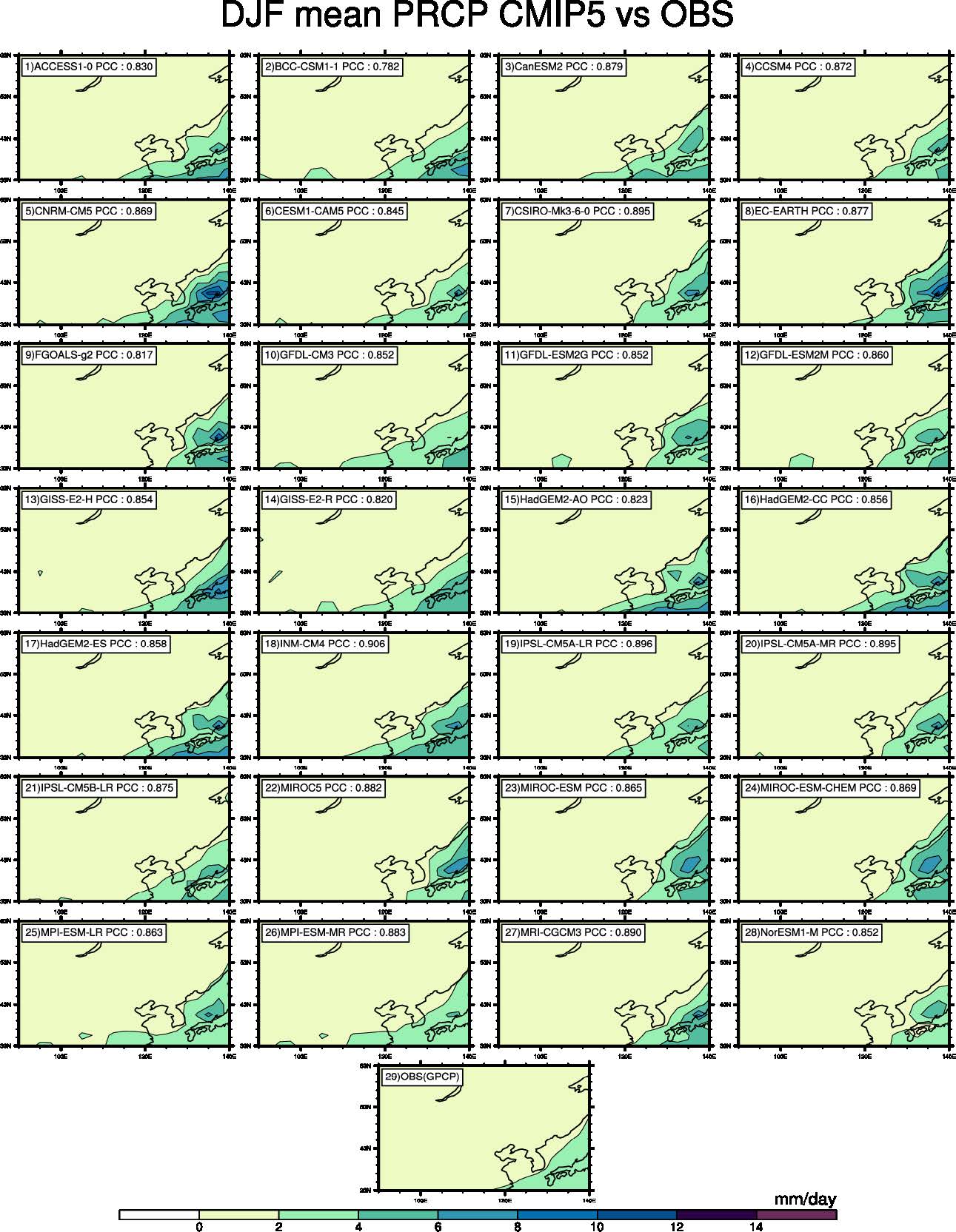 Figure 5 Winter mean precipitation for (1)-(28) each CMIP5 model and (29) OBS over the East Asian monsoon region from 1979 to 2005 (27 years). The PCC between each model and OBS is shown in each panel.