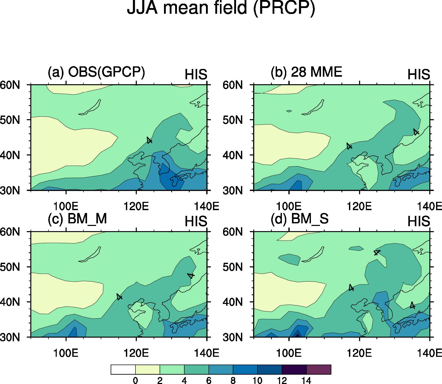 Figure 10 Spatial patterns of summer mean precipitation over EASM region for (a) OBS, (b) 28MME, (c)BM_M and (d) BM_S of historical run. Unit is mm per day.