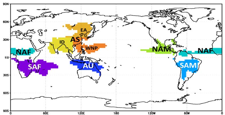 Figure 1 Global monsoon domains defined according to Wand and Ding (2006) using recent precipitation data.