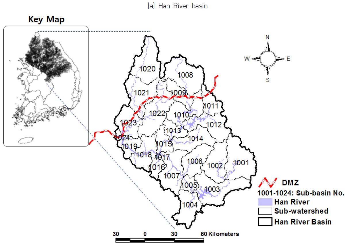 Figure 1 Location of the study area, monthly fractional precipitation, and flow. (a) Shows the Han River basin and its sub-watersheds, which are located in the center of the Korean Peninsula. (b) shows the monthly fractional precipitation, and (c) shows the monthly fractional flow.