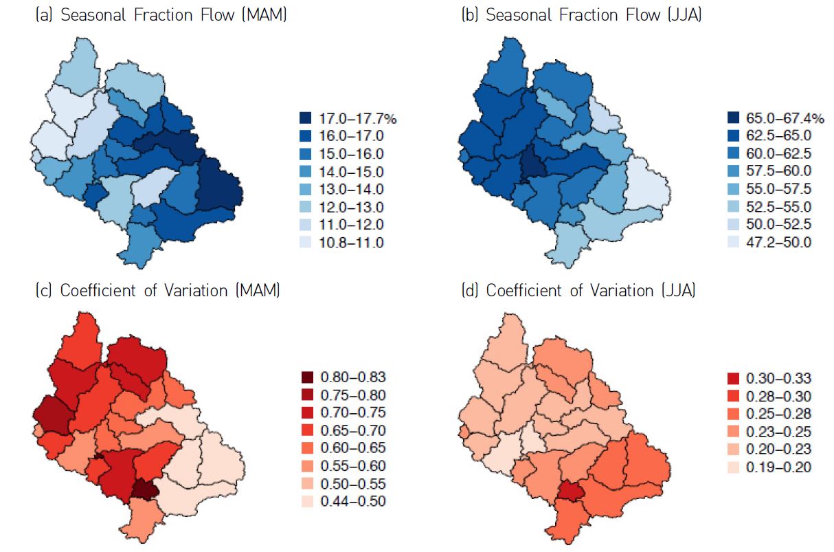 Figure 8 Percentage change of seasonal fractional flows and the coefficient of variation during the (a and c) spring (March to May) and (b and d) summer (June to August) seasons over the Han River basin, Korea. (a and b) Show the seasonal fractional flows, and (c and d) represent the coefficient of variations, where the CV = standard deviation