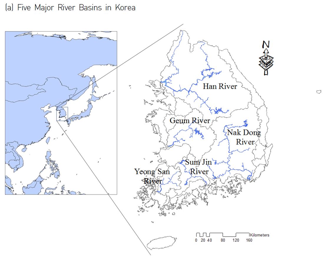 Figure 1 Distribution of seasonal precipitation (June to September) in Korea during 1966?2007. (a) Shows the location of five major river basins in Korea and (b) shows the distribution of seasonal precipitation. The annual long-term average precipitation amount is noted with a number above the cylinders for each river. The fraction of seasonal precipitation and TC-induced precipitation are expressed as percentages.