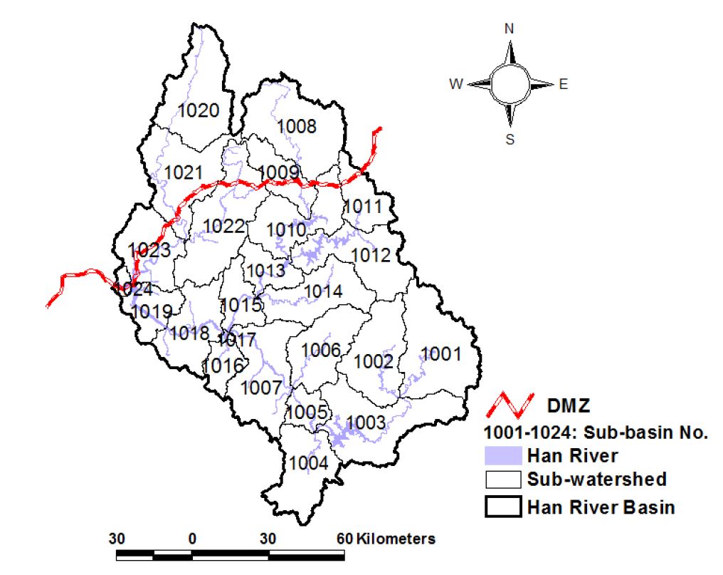 Figure 1 Han River basin located in the center of the Korean Peninsula.