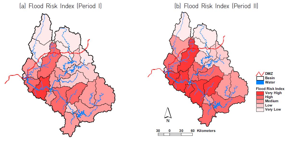 Figure 8 Zonation map for combinations of flood hazard and vulnerability from estimations of the integrated flood risk index (IFRI) in the Korean Han River basin. (a) Illustrates the results for the 24 sub-watersheds for Period I (1971-1990) and (b) illustrates the results for the 24 sub-watersheds for Period II (1991-2007).