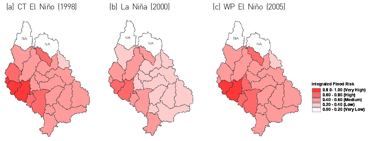 Figure 10 Assessment of integrated flood risk index (IFRI) over the Han River basin, Korea. (a) Represents the strongest CT El Ni?o phase in 1998, (b) is the strongest La Ni?a phase in 2000, and (c) is the strongest WP El Ni?o phase in 2005.