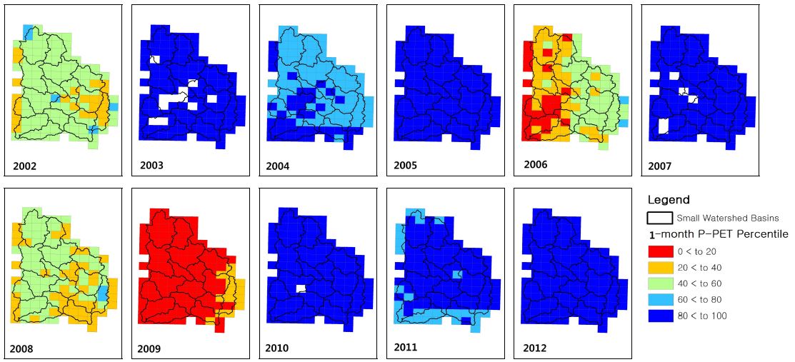 Figure 16 Gridded 1-month P-PET percentile maps in September in Upper Namhan-gang watershed basin.