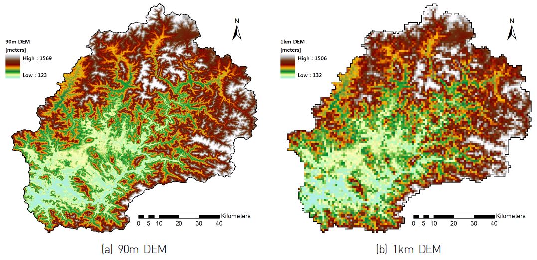 Figure 3 Sample figures of (a) SRTM DEM, (b) regridded DEM, and physical parameters including (c) flow direction map and flow accumulation map computed from the regridded DEM raster in the Chungju Dam basin