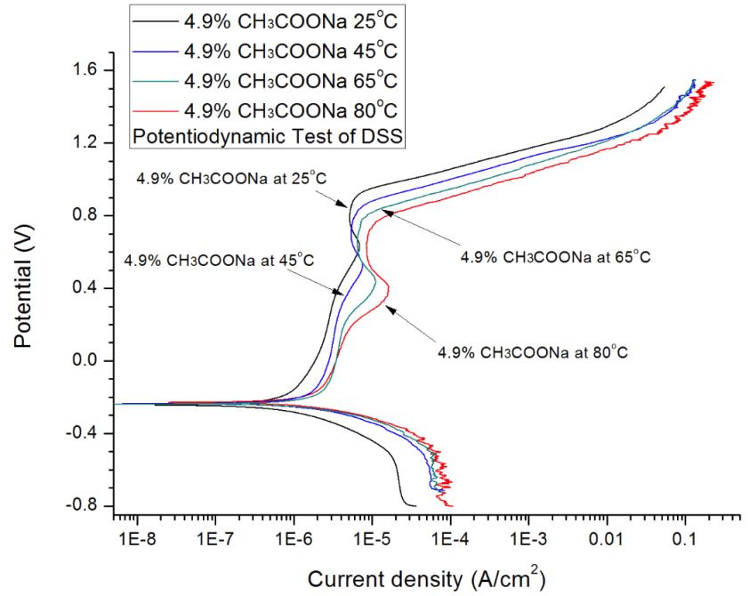 Potentiodynamic polarization curves for the duplex stainless steel in 4.9 % CH3COONa solution