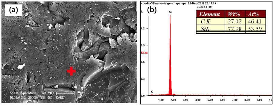 (a) Surface morphology of SiC and (b) point EDS analysis after corrosion test in steam at 400 °C and 200 bar for 300 h