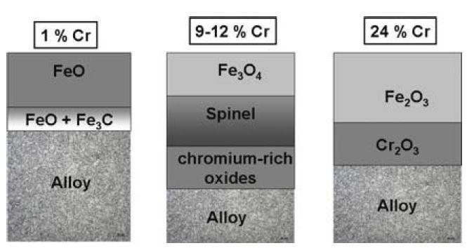 Schematics of typical oxide scale formation of Fe-Cr SS in terms of Cr content