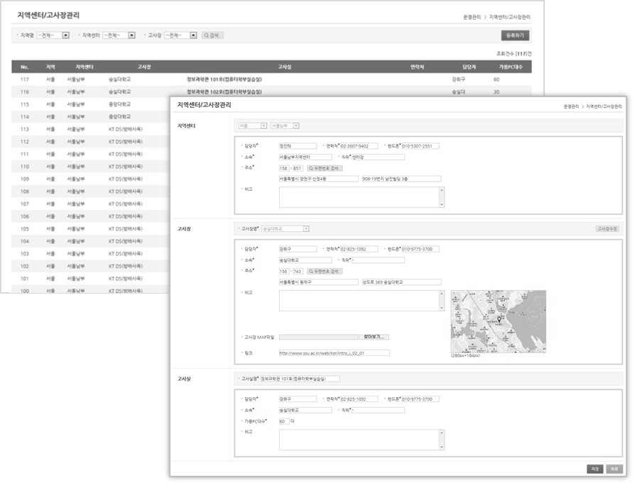 운영관리시스템: ‘지역센터/고사장 관리’ 화면