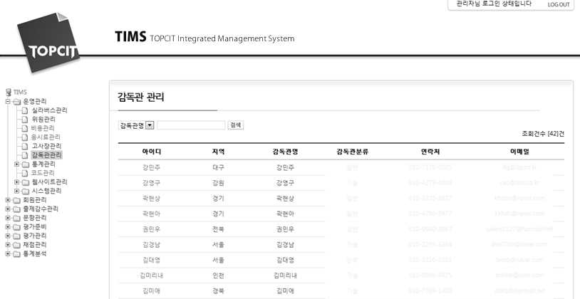 운영관리 모듈: 감독관 관리 화면