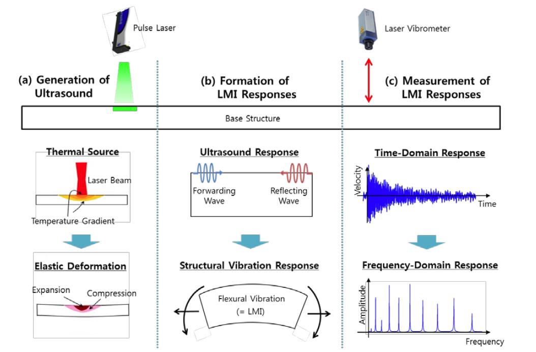 Overall schematic diagram of the proposed LMI measurement: (a) Generation of ultrasound: Thermal expansion induced by a pulse laser irradiation generates structural deformation, and generates elastic waves; (b) Formation of LMI responses: The generated ultrasound initially produces wave propagation but eventually converges to structural vibration, which is equivalent to LMI; (c) Measurement of LMI responses: The LMI responses are measured using a laser vibrometer